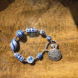 Vintage Chinese Hand Painted Porcelain Bead Bracelet With Shou Symbol Closure